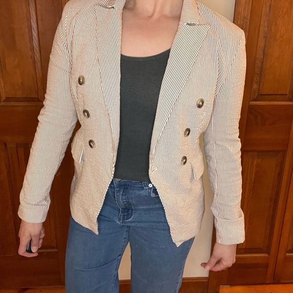 Maison d’ Amelie Paris Seersucker M Blazer Beige Jacket Nautical Preppy Academia - Picture 2 of 9
